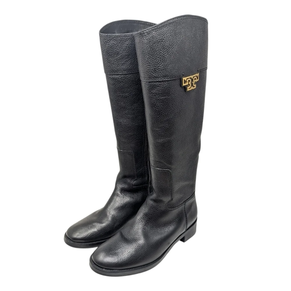Tory Burch Joanna Tall Pebbled Leather Black Riding Boot Size 9M